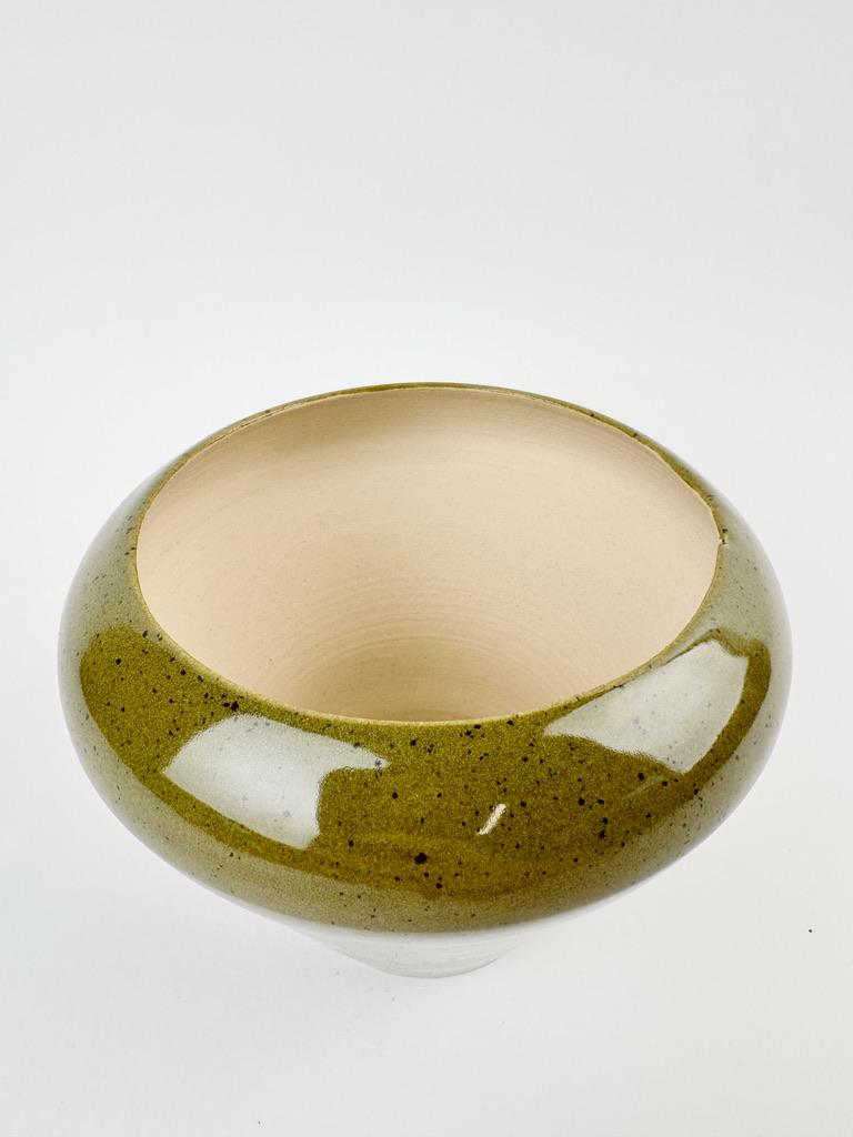 Minimalist Olive Green Ceramic Vessel – Handmade Wabi-Sabi Studio Pottery For Sale 2
