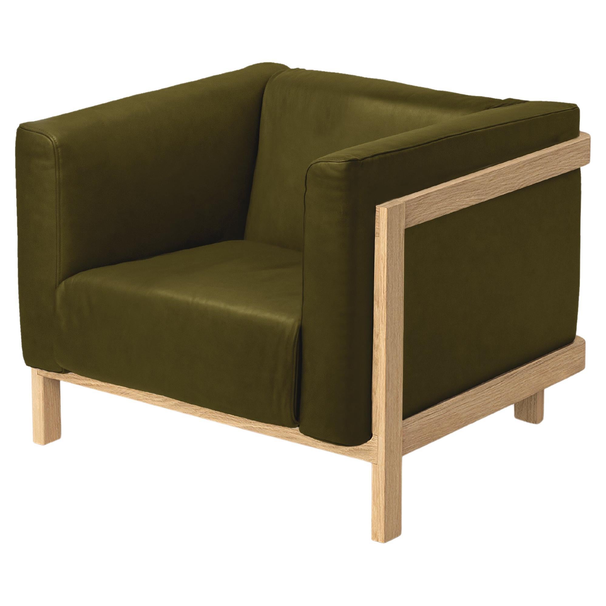 Minimalist one seater sofa oak - leather upholstered For Sale