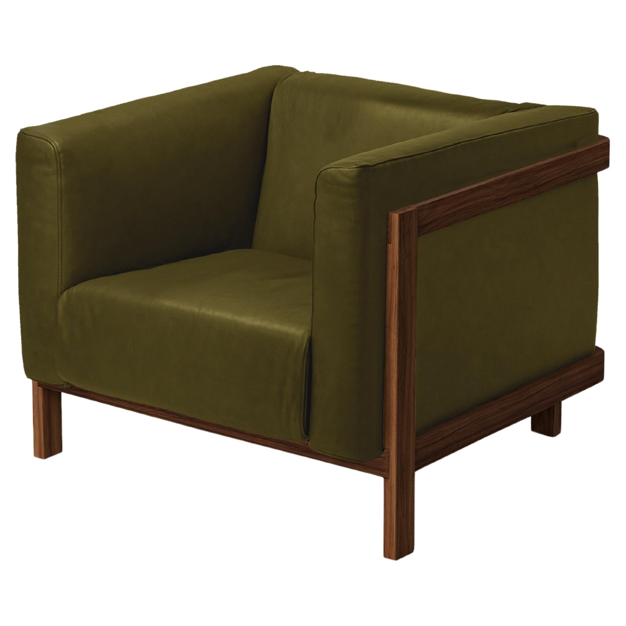 Minimalist one seater sofa walnut - leather upholstered