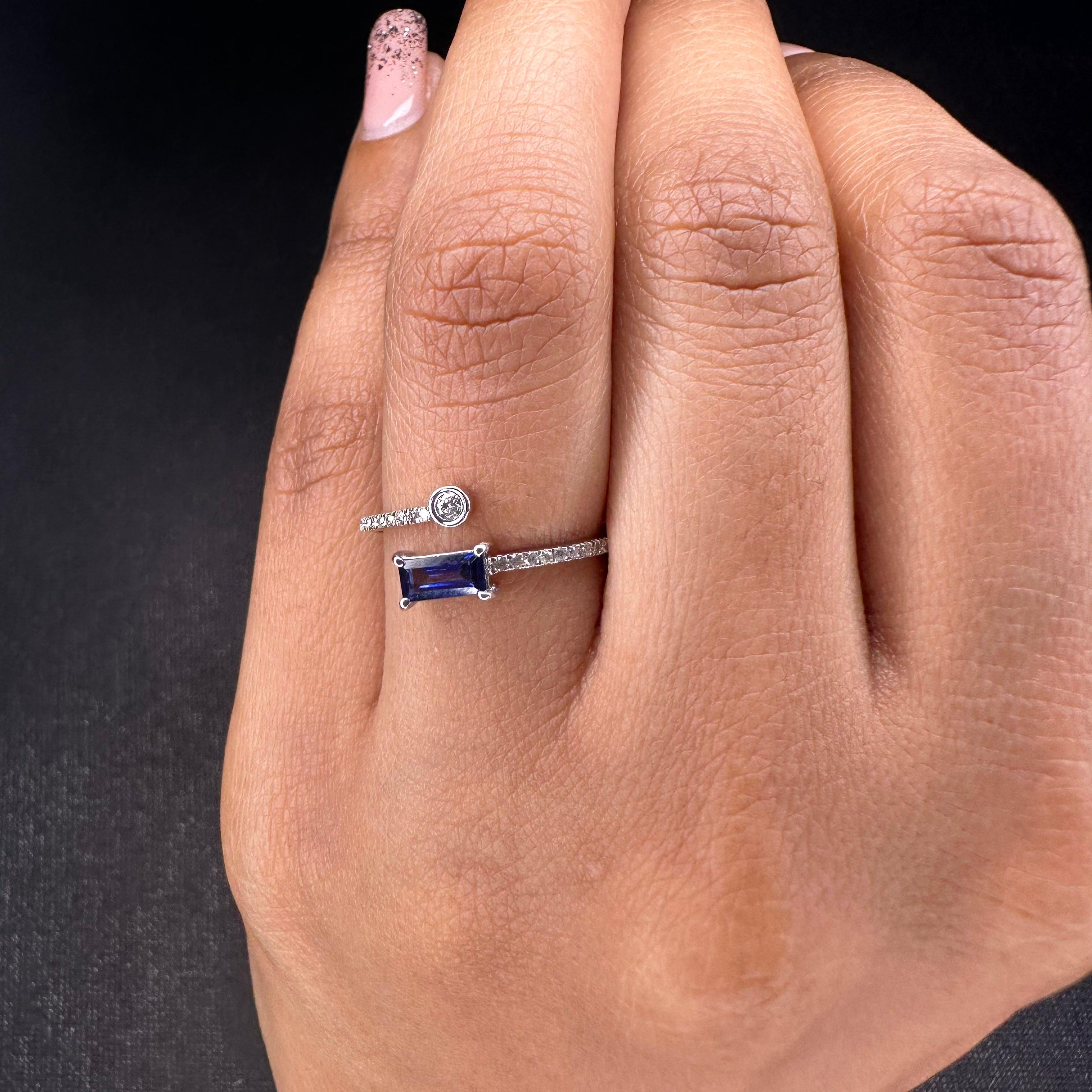 For Sale:  14k Solid White Gold Minimalist Open Ring with Blue Sapphire and Diamonds 10