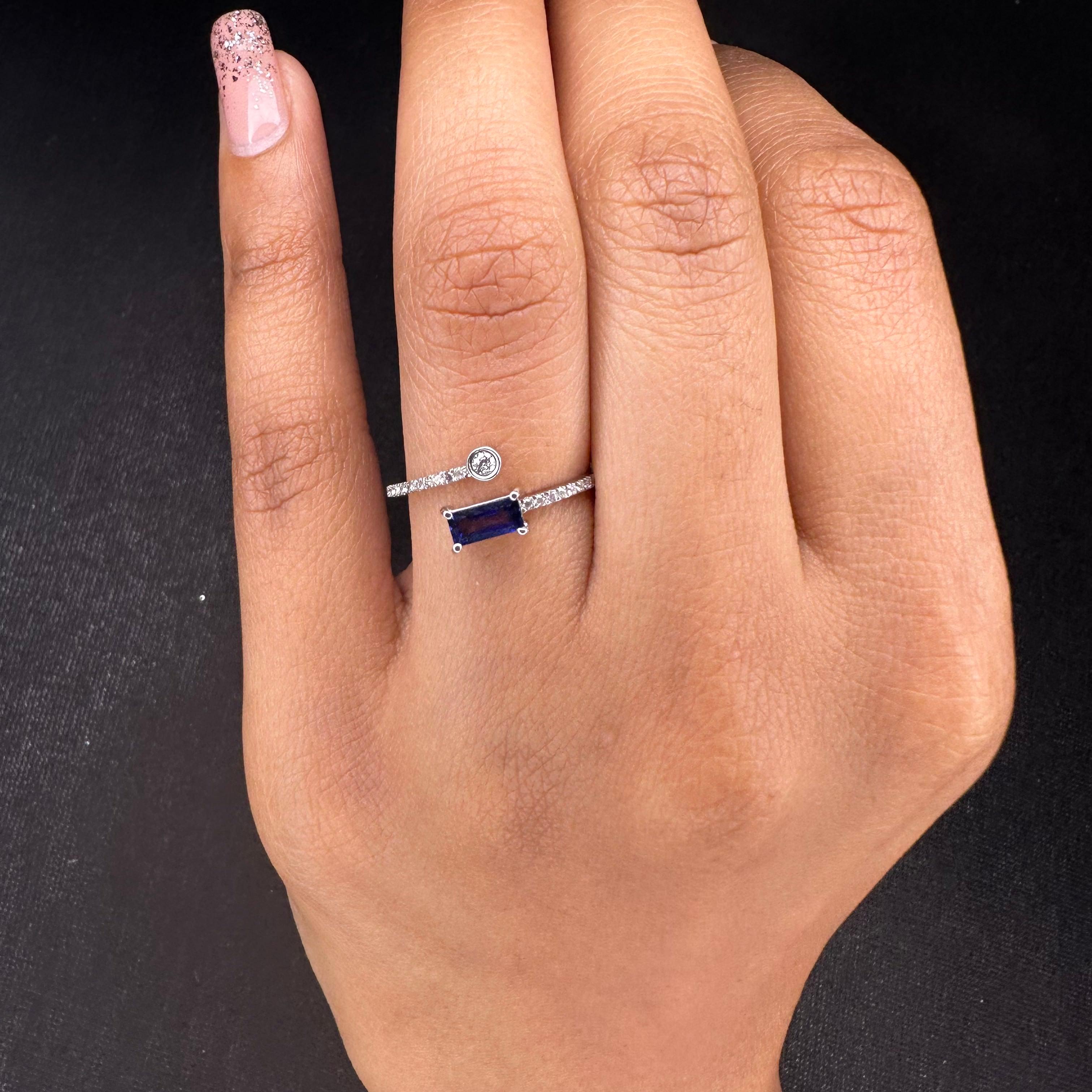 For Sale:  14k Solid White Gold Minimalist Open Ring with Blue Sapphire and Diamonds 11