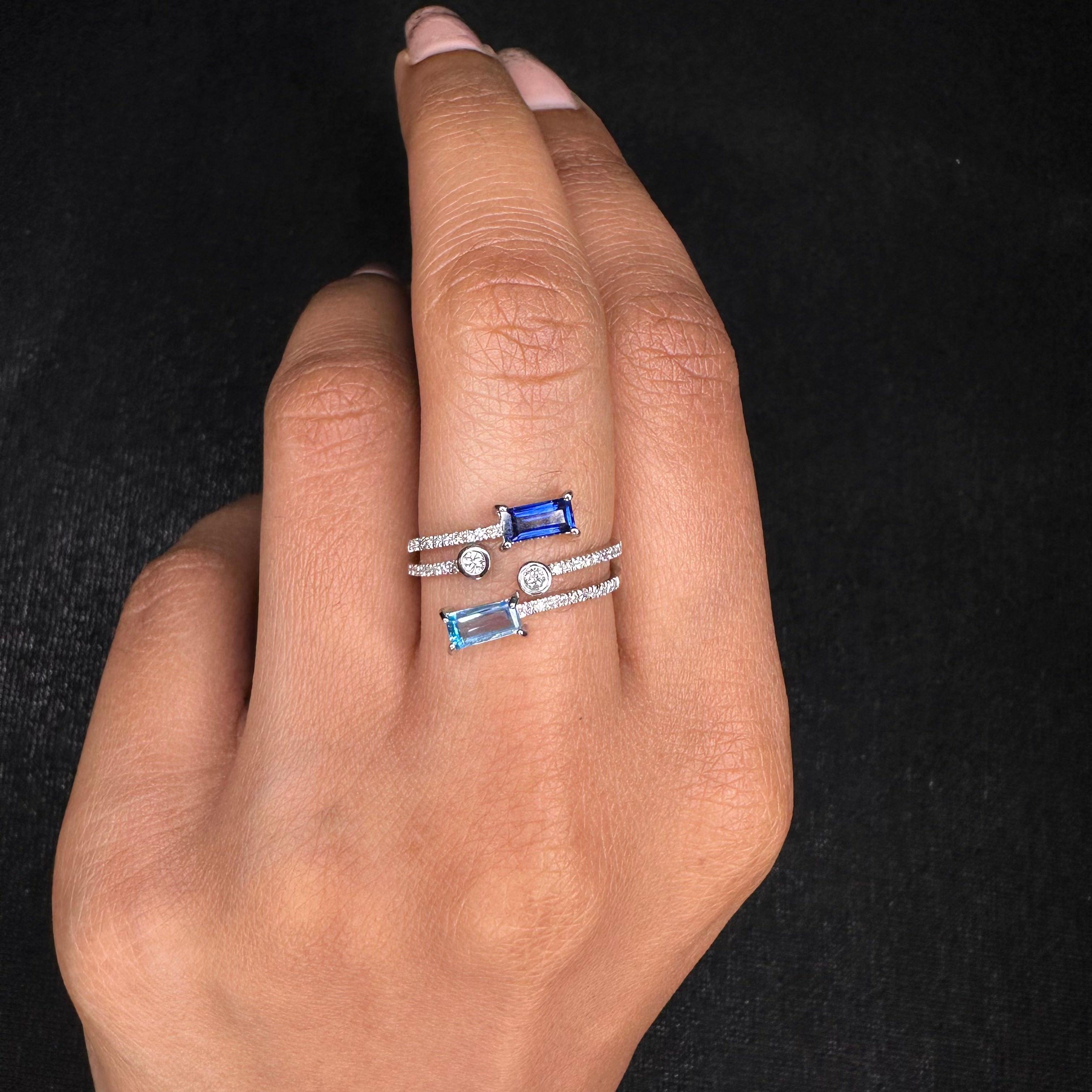 For Sale:  14k Solid White Gold Minimalist Open Ring with Blue Sapphire and Diamonds 12