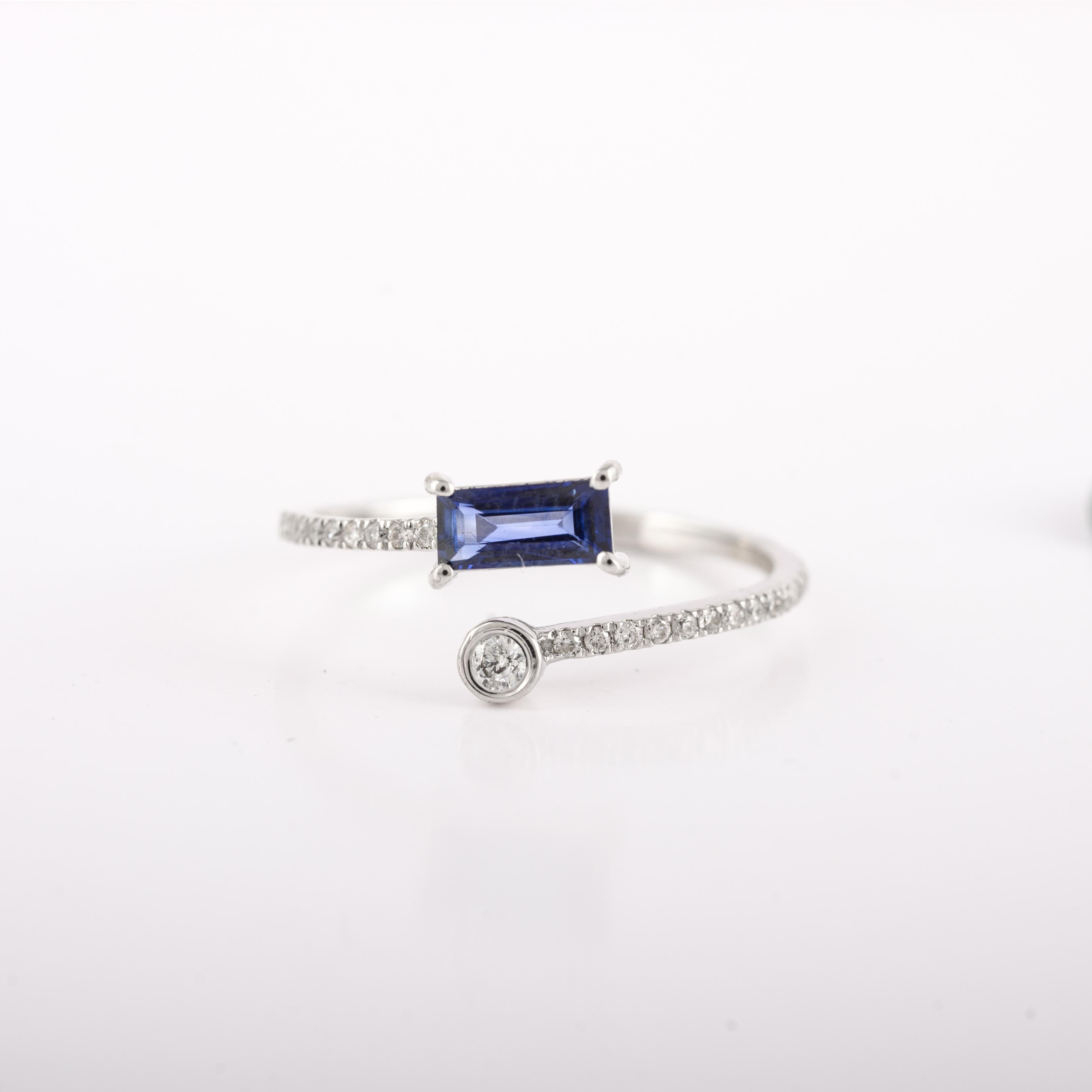 For Sale:  14k Solid White Gold Minimalist Open Ring with Blue Sapphire and Diamonds 3