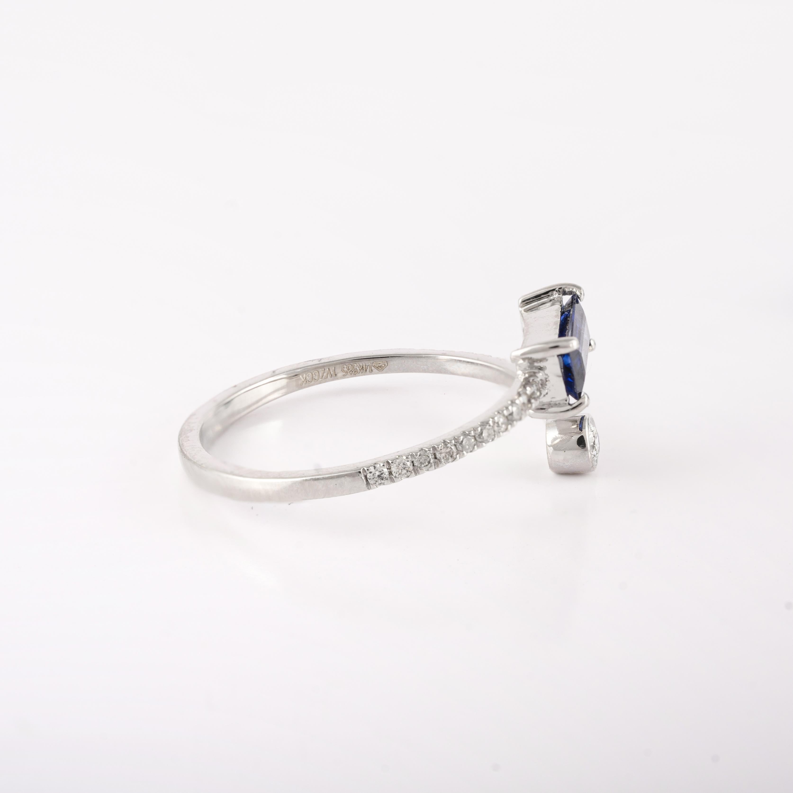 For Sale:  14k Solid White Gold Minimalist Open Ring with Blue Sapphire and Diamonds 6