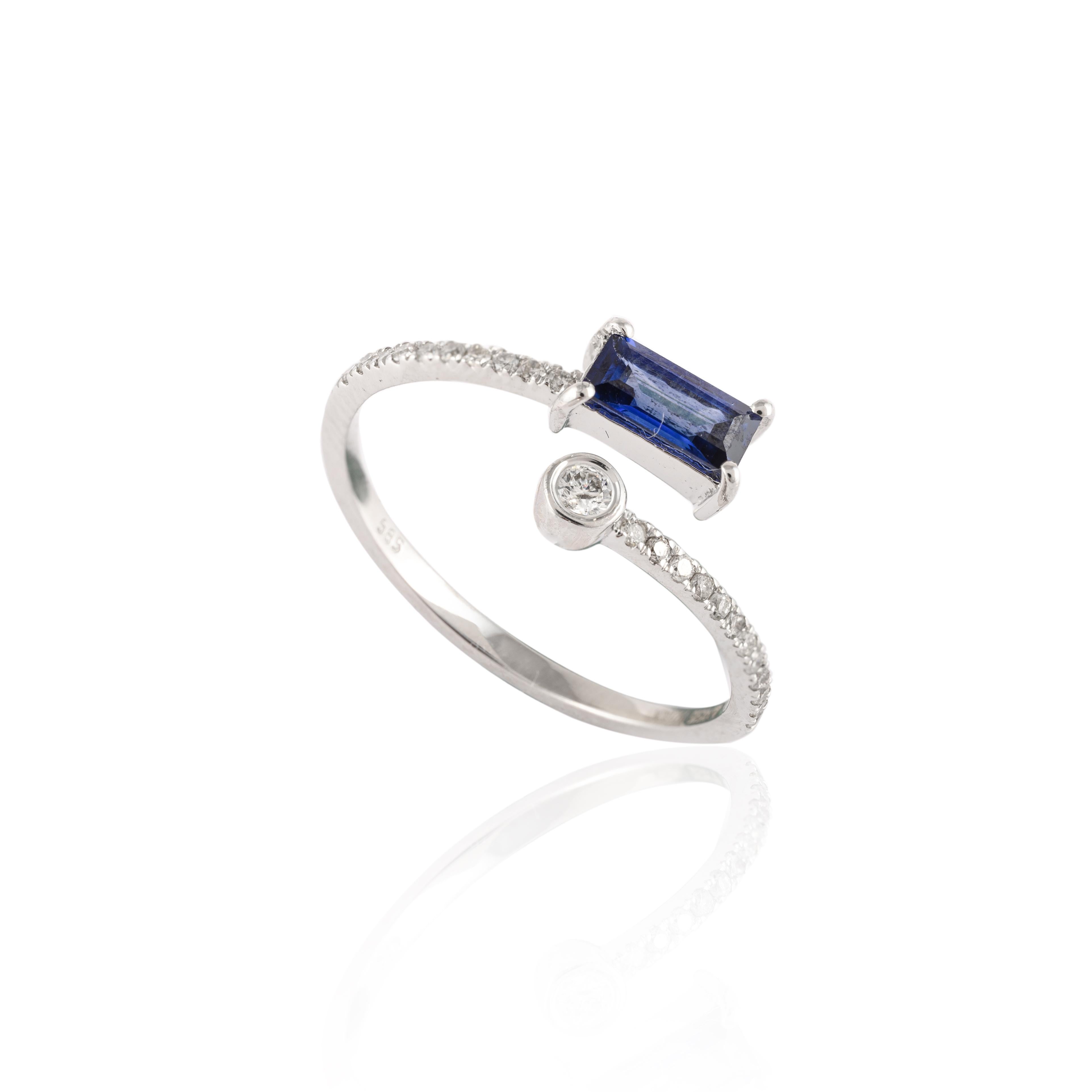 For Sale:  14k Solid White Gold Minimalist Open Ring with Blue Sapphire and Diamonds 9