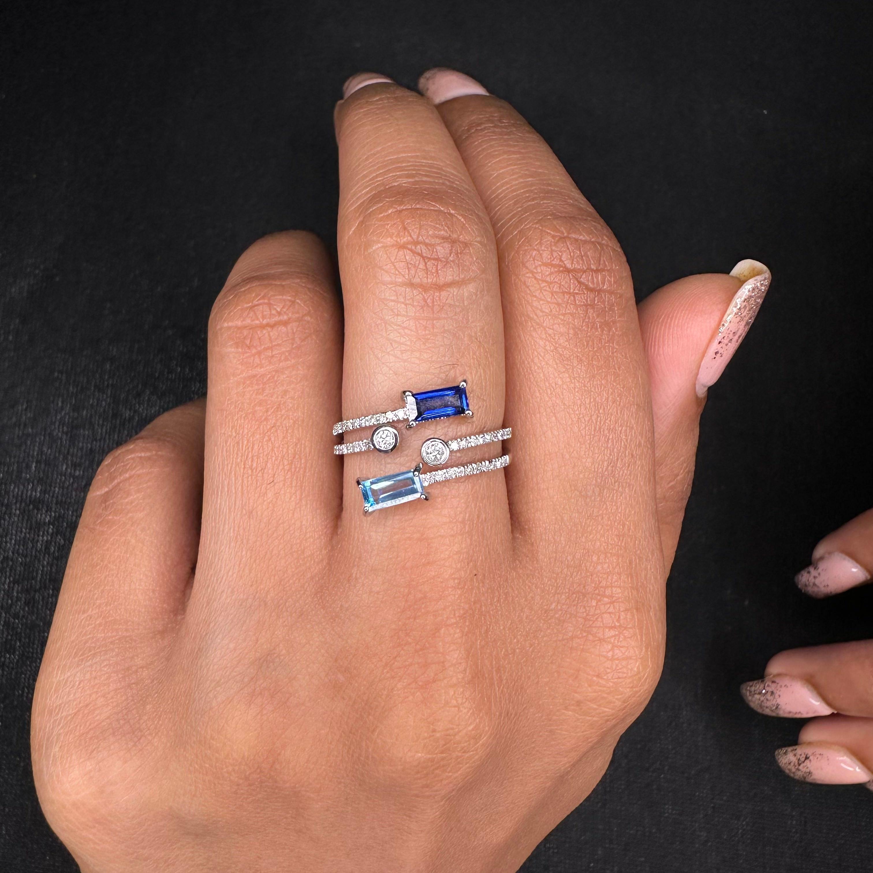 For Sale:  14k Solid White Gold Minimalist Open Ring with Blue Sapphire and Diamonds 4