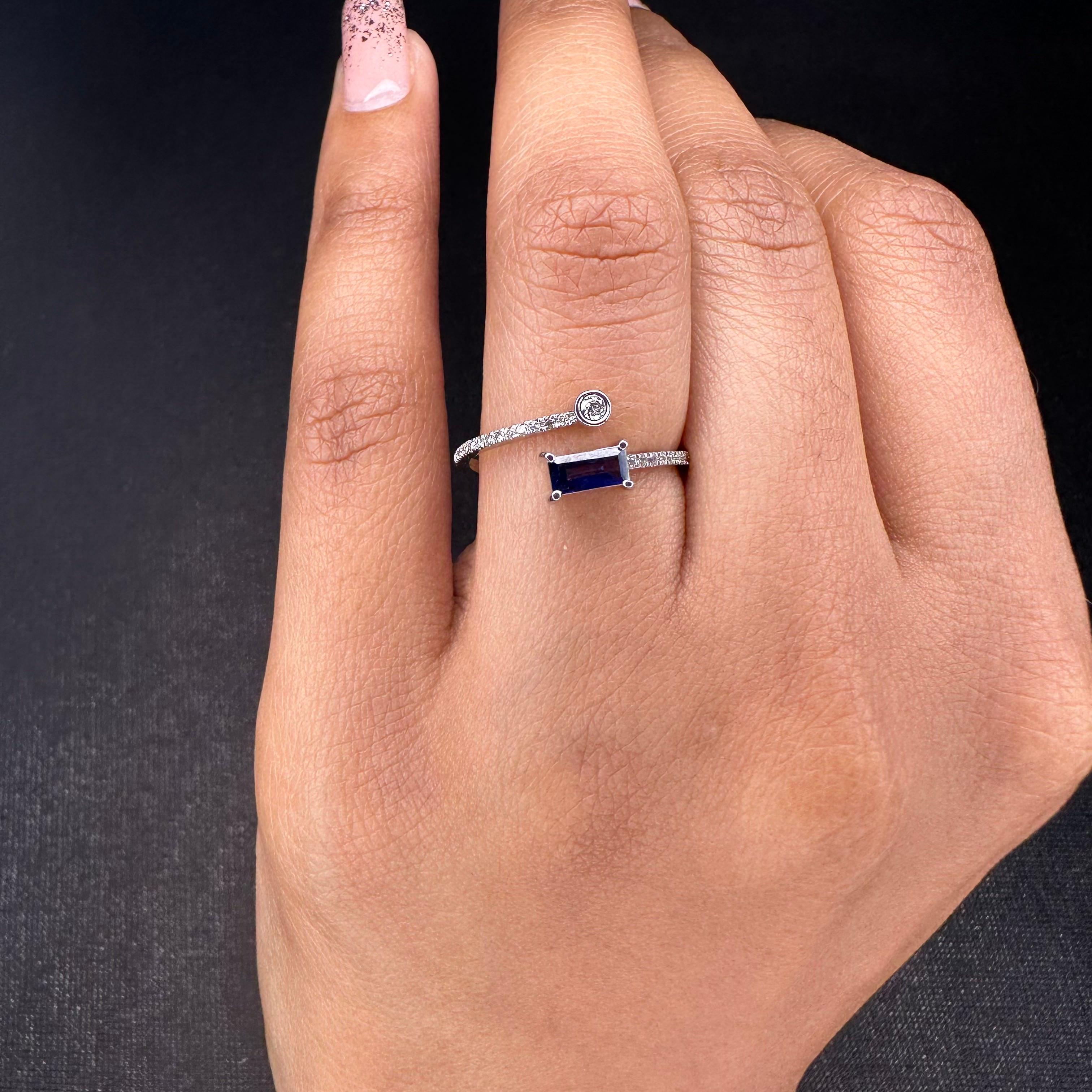 For Sale:  14k Solid White Gold Minimalist Open Ring with Blue Sapphire and Diamonds 8
