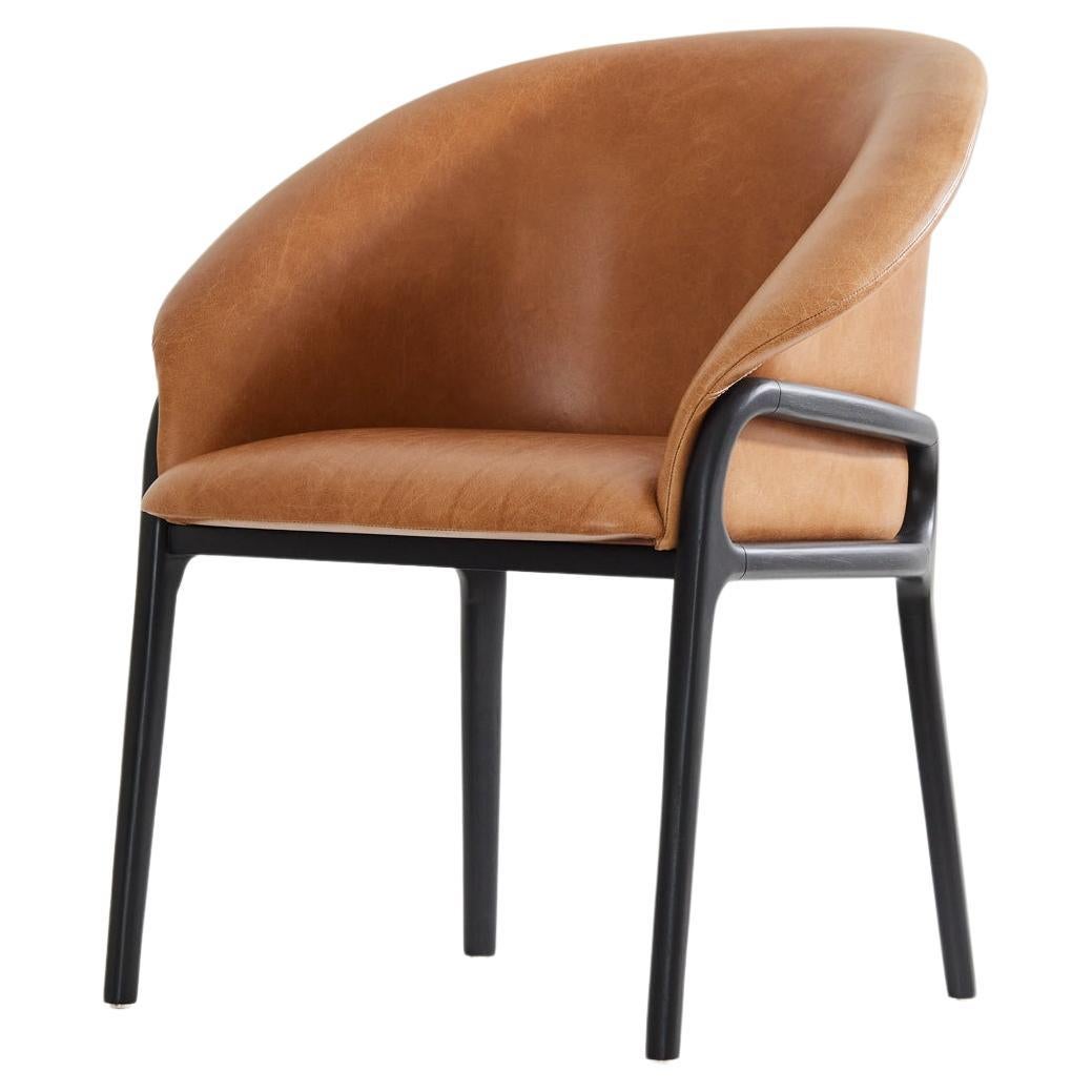 Minimalist Organic Chair in black Solid Wood, camel leather Seating tone For Sale