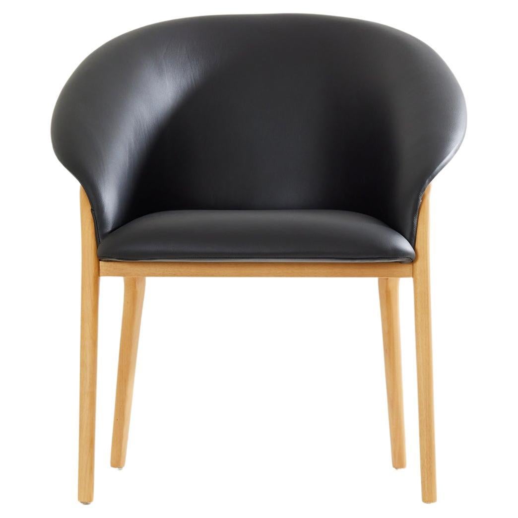 Minimalist Organic Chair in natural Solid Wood, black leather Seating tone For Sale