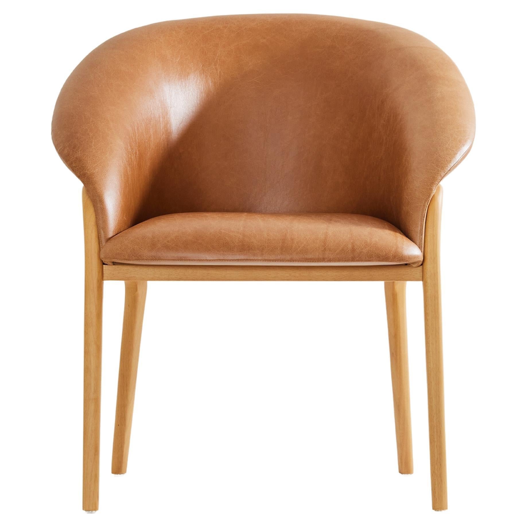 Minimalist Organic Chair in Solid Wood, camel leather Seating tone For Sale