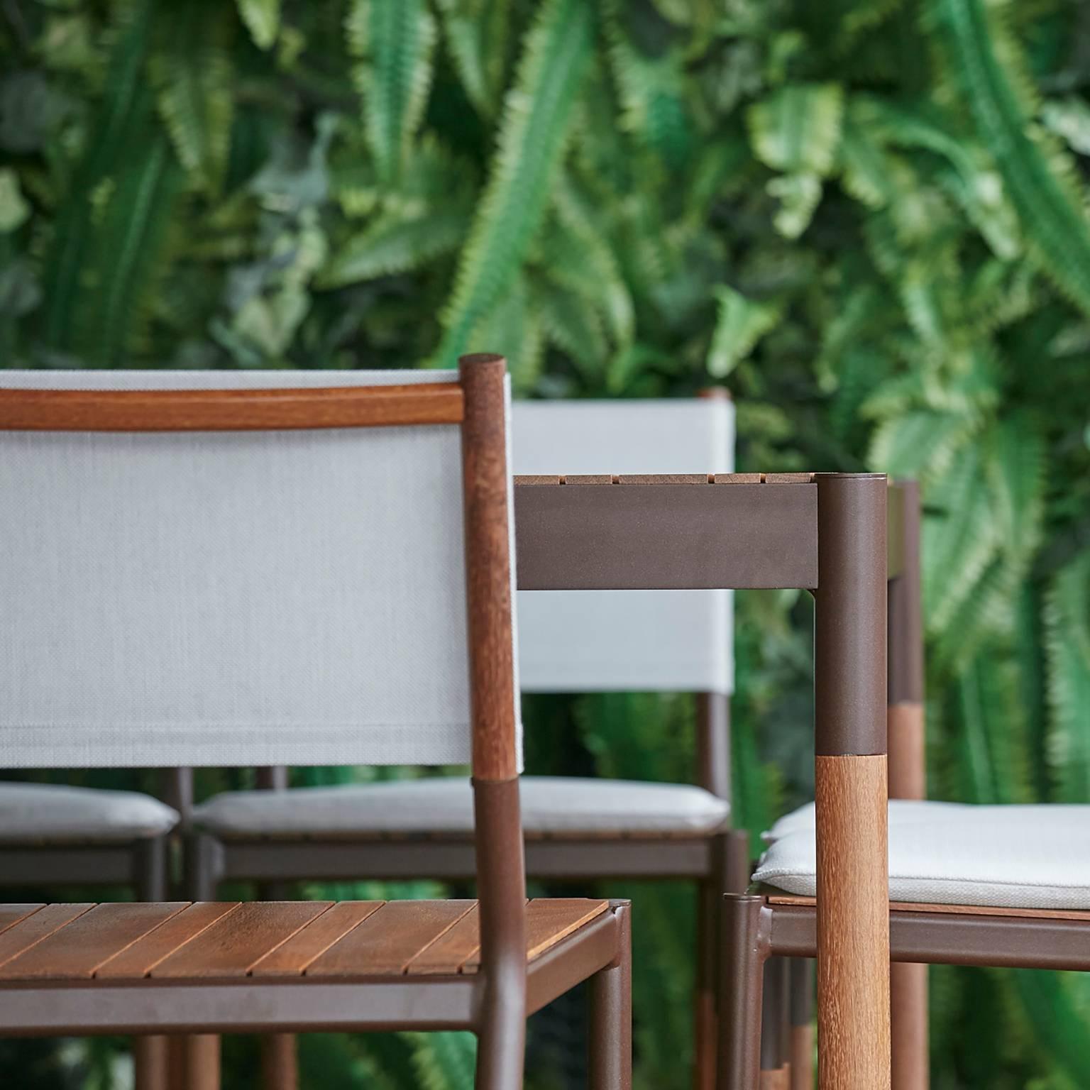 Modern Minimalist Outdoor Chair in Hardwood, Metal and Fabric For Sale