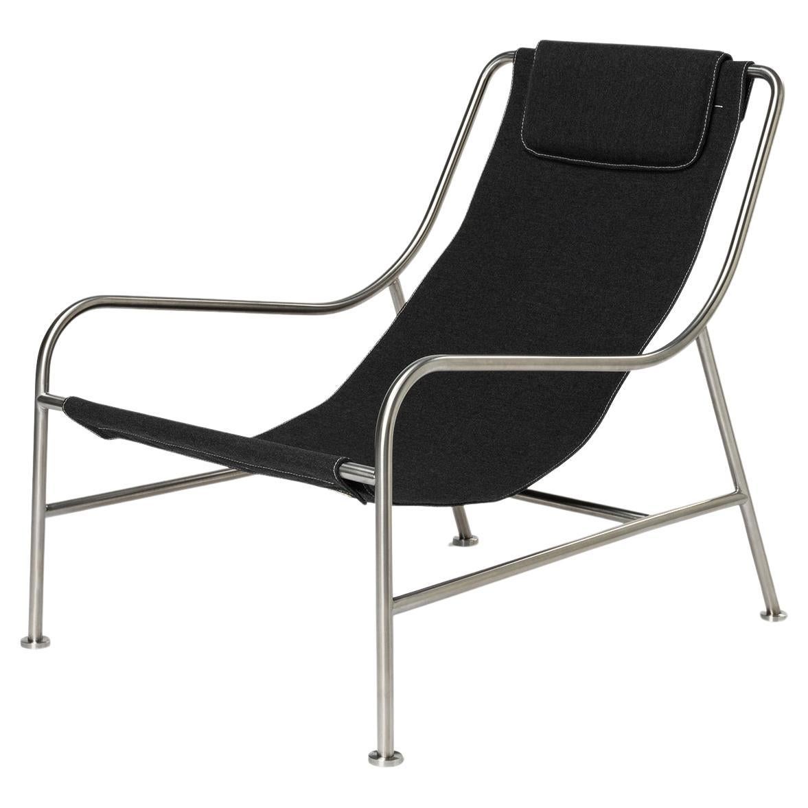 Minimalist Outdoor Lounge Chair in "Char" Fabric and Polished Stainless Steel