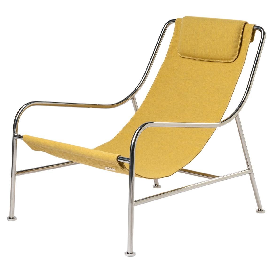 Minimalist Outdoor Lounge Chair in "Dijon" Fabric and Brushed Stainless Steel For Sale