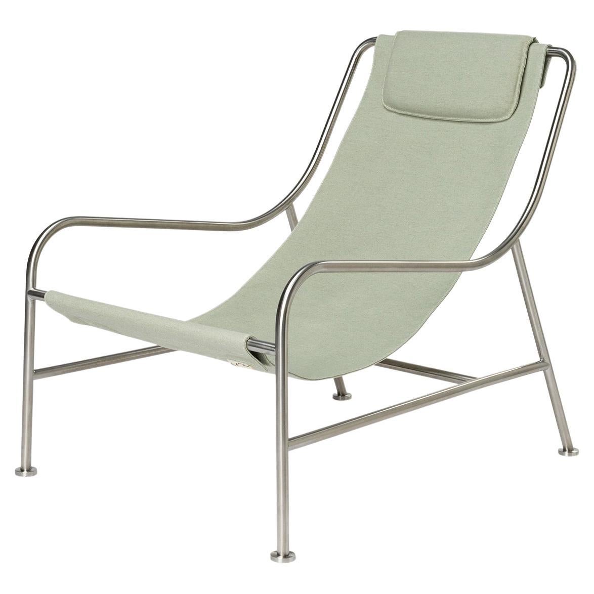 Minimalist Outdoor Lounge Chair in "Moss" Fabric and Brushed Stainless Steel For Sale