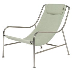 Minimalist Outdoor Lounge Chair in "Moss" Fabric and Brushed Stainless Steel