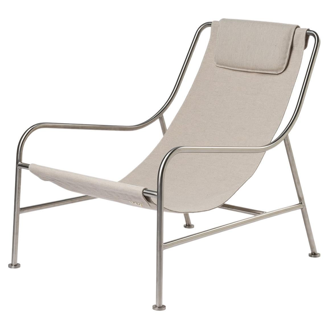 Minimalist Outdoor Lounge Chair in "Papyrus" Fabric and Brushed Stainless Steel For Sale