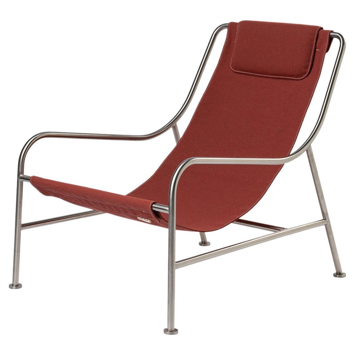 Minimalist Outdoor Lounge Chair in "Scarlet" Fabric and Brushed Stainless Steel For Sale