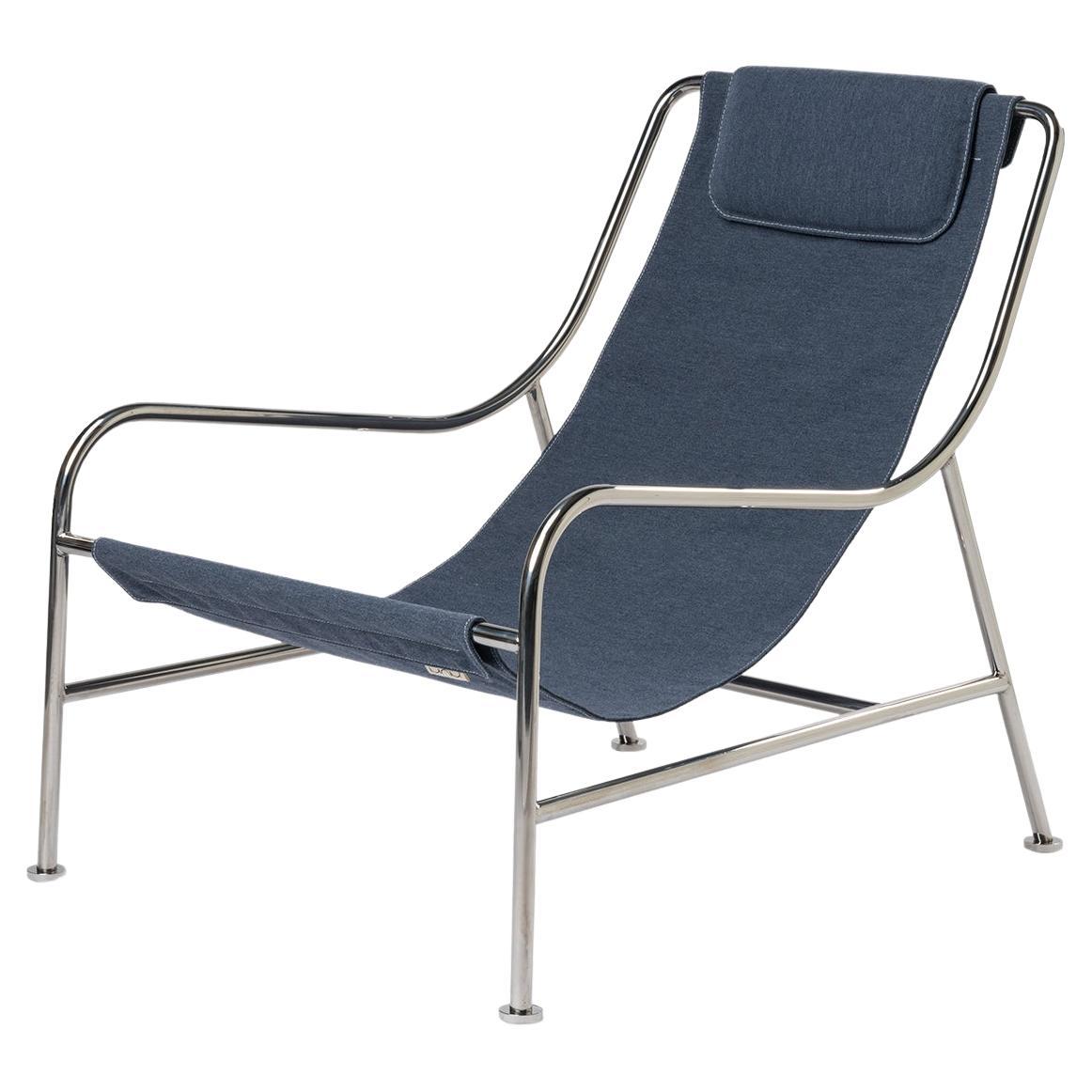 Minimalist Outdoor Lounge Chair in "Sky" Fabric and Polished Stainless Steel For Sale