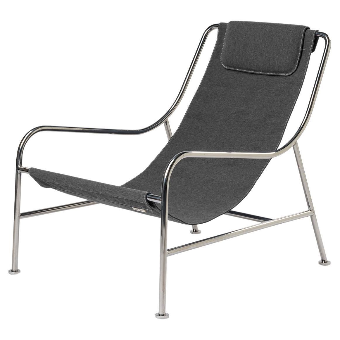 Minimalist Outdoor Lounge Chair in "Slate" Fabric and Brushed Stainless Steel