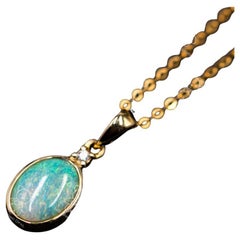 Minimalist Oval Australian Solid Opal & Diamond Pendant Necklace 18k Yellow Gold