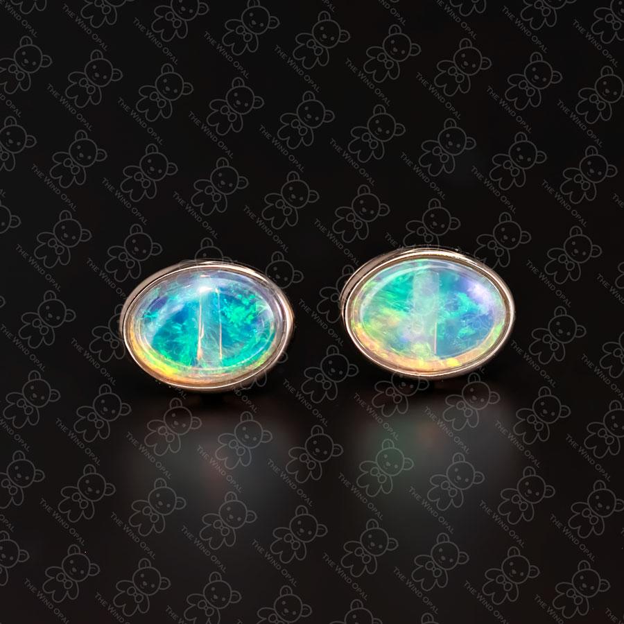 Arts and Crafts Minimalist Oval Australian Solid Opal Stud Earrings 14k Yellow Gold For Sale