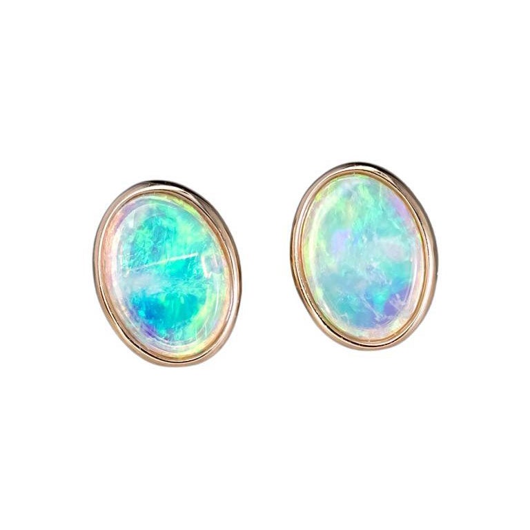 Minimalist Oval Australian Solid Opal Stud Earrings 14k Yellow Gold