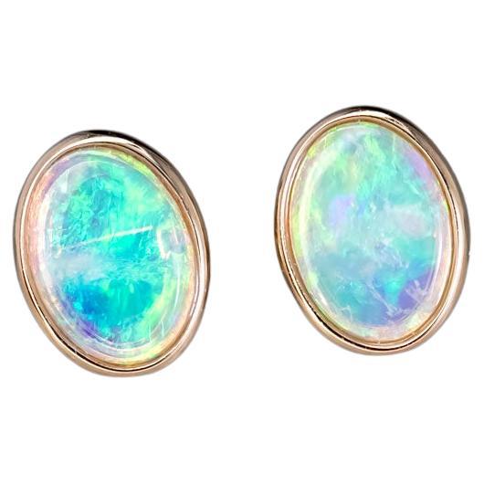Minimalist Oval Australian Solid Opal Stud Earrings 14k Yellow Gold