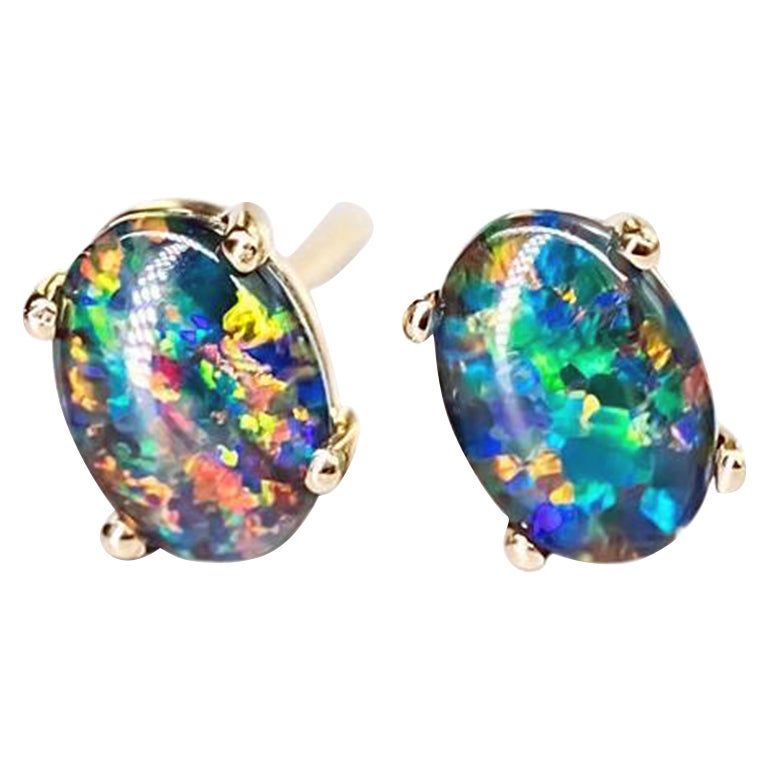 Minimalist Oval Australian Triplet Opal Stud Earrings 14k Yellow Gold im Angebot