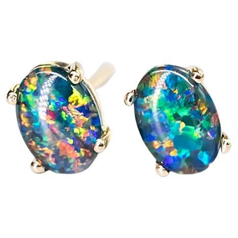 Minimalist Oval Australian Triplet Opal Stud Earrings 14k Yellow Gold For Sale