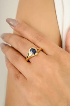 Minimalist Oval Cut Blue Sapphire Signet Ring for Her in 14K Solid Yellow Gold