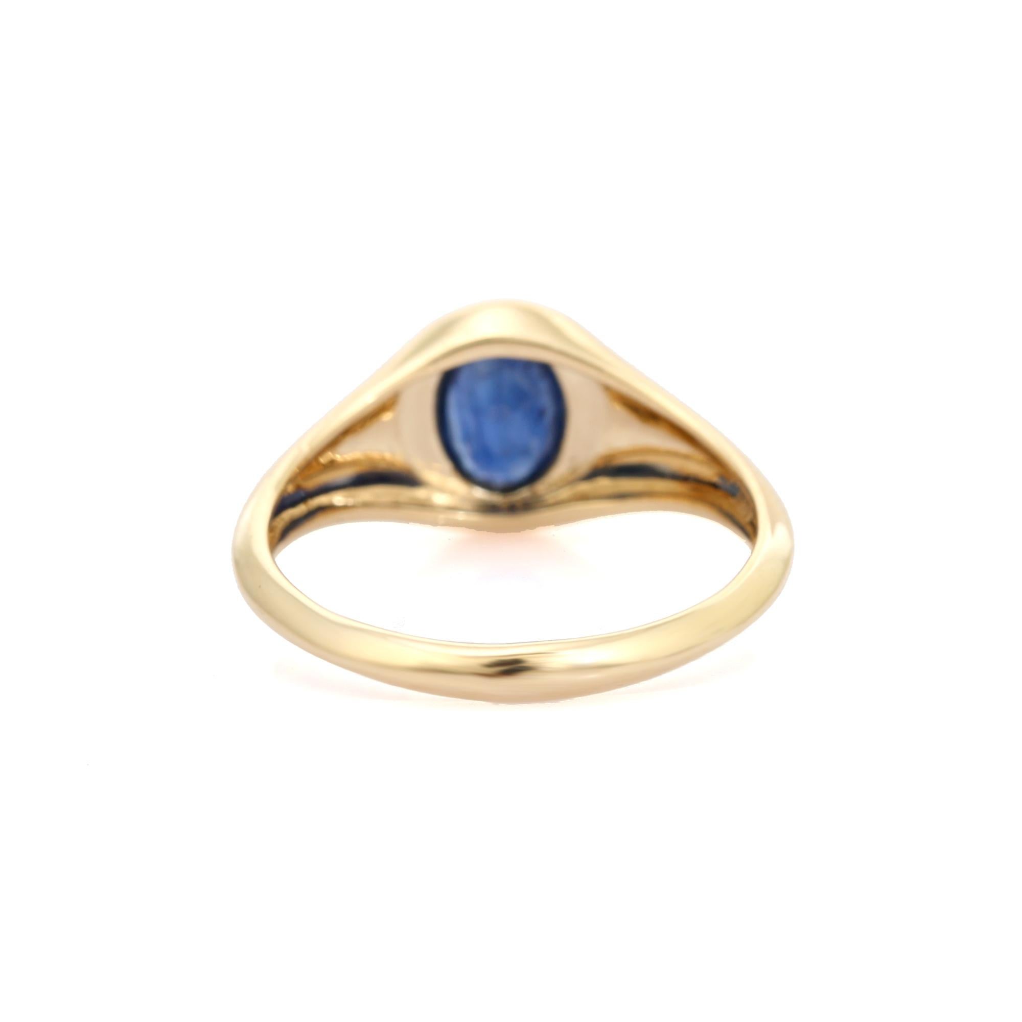 For Sale:  Minimalist Oval Cut Blue Sapphire Signet Ring for Her in 14K Solid Yellow Gold 3