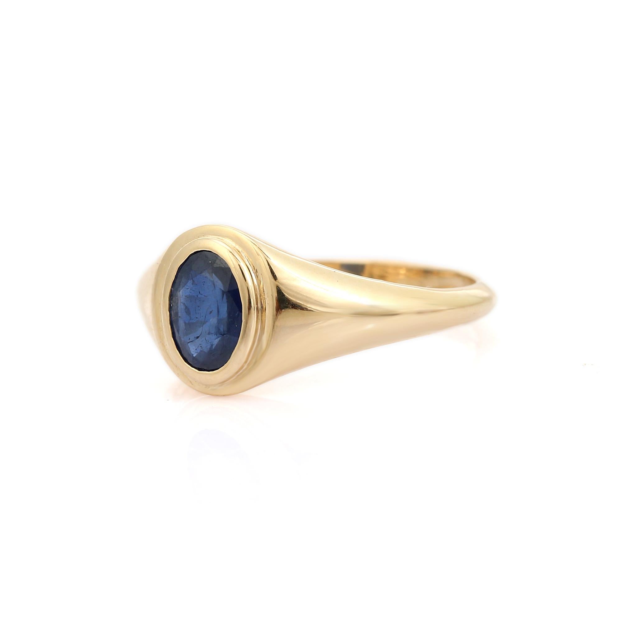 For Sale:  Minimalist Oval Cut Blue Sapphire Signet Ring for Her in 14K Solid Yellow Gold 5