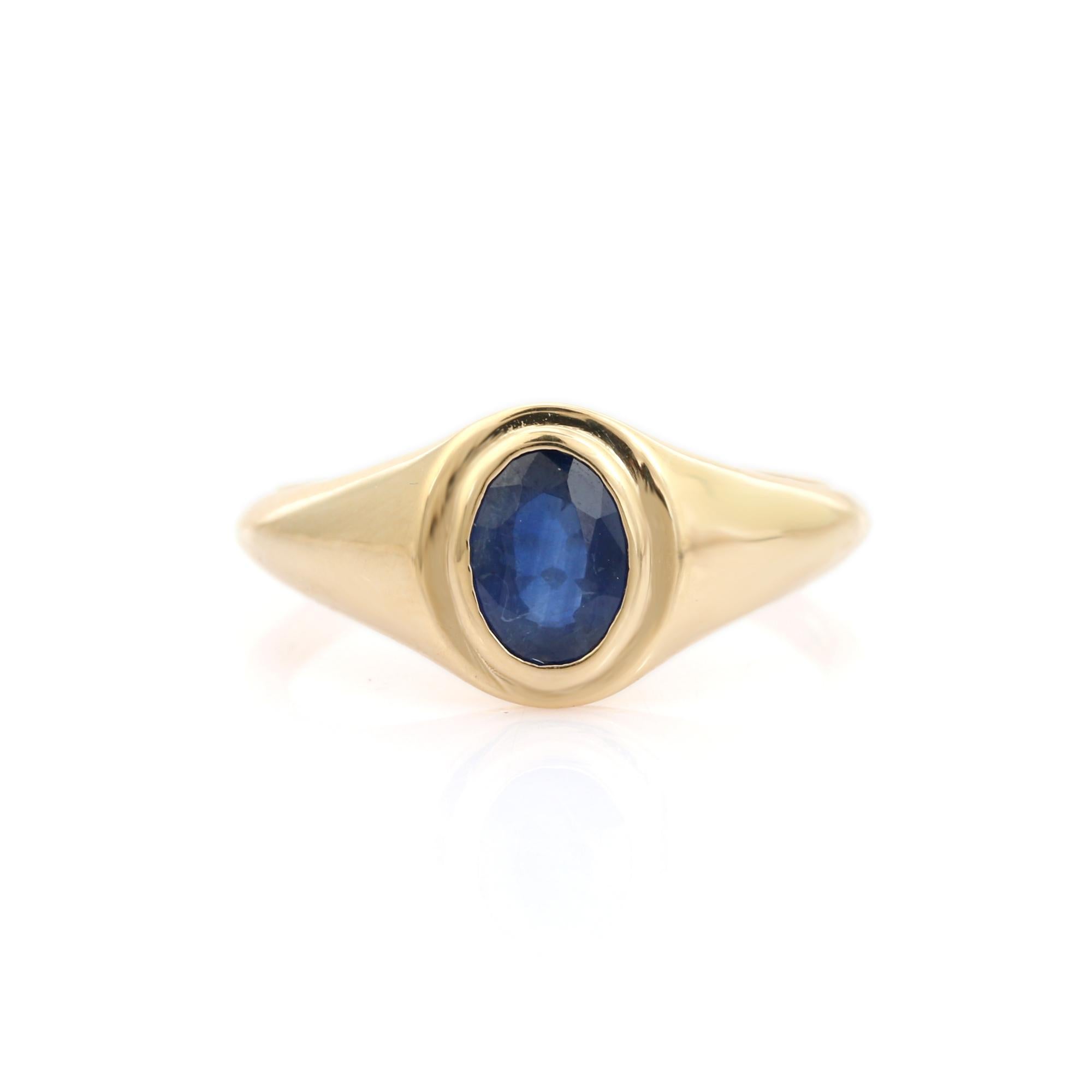 For Sale:  Minimalist Oval Cut Blue Sapphire Signet Ring for Her in 14K Solid Yellow Gold 9