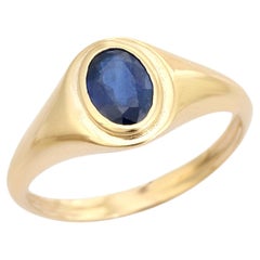 Minimalist Oval Cut Blue Sapphire Signet Ring for Her in 14K Solid Yellow Gold