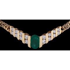 Minimalist Oval Cut Emerald Diamonds Gold Chevron Necklace, 18K Yellow Gold