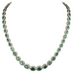 Minimalist Oval Cut Emerald Diamonds Gold Necklace, Natural Emerald
