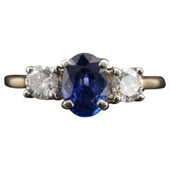 Minimalist Oval Cut Sapphire Diamond Three-Stone Ring, Diamond Engagement Ring