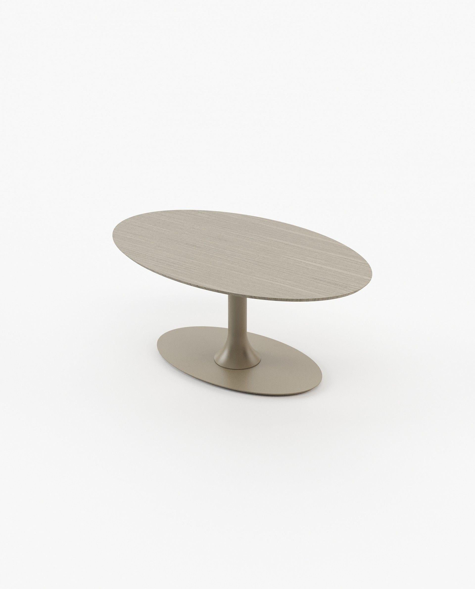 Modern Minimalist Oval Dining Table with Aged Oak Top & Beige Grey Lacquered Base For Sale