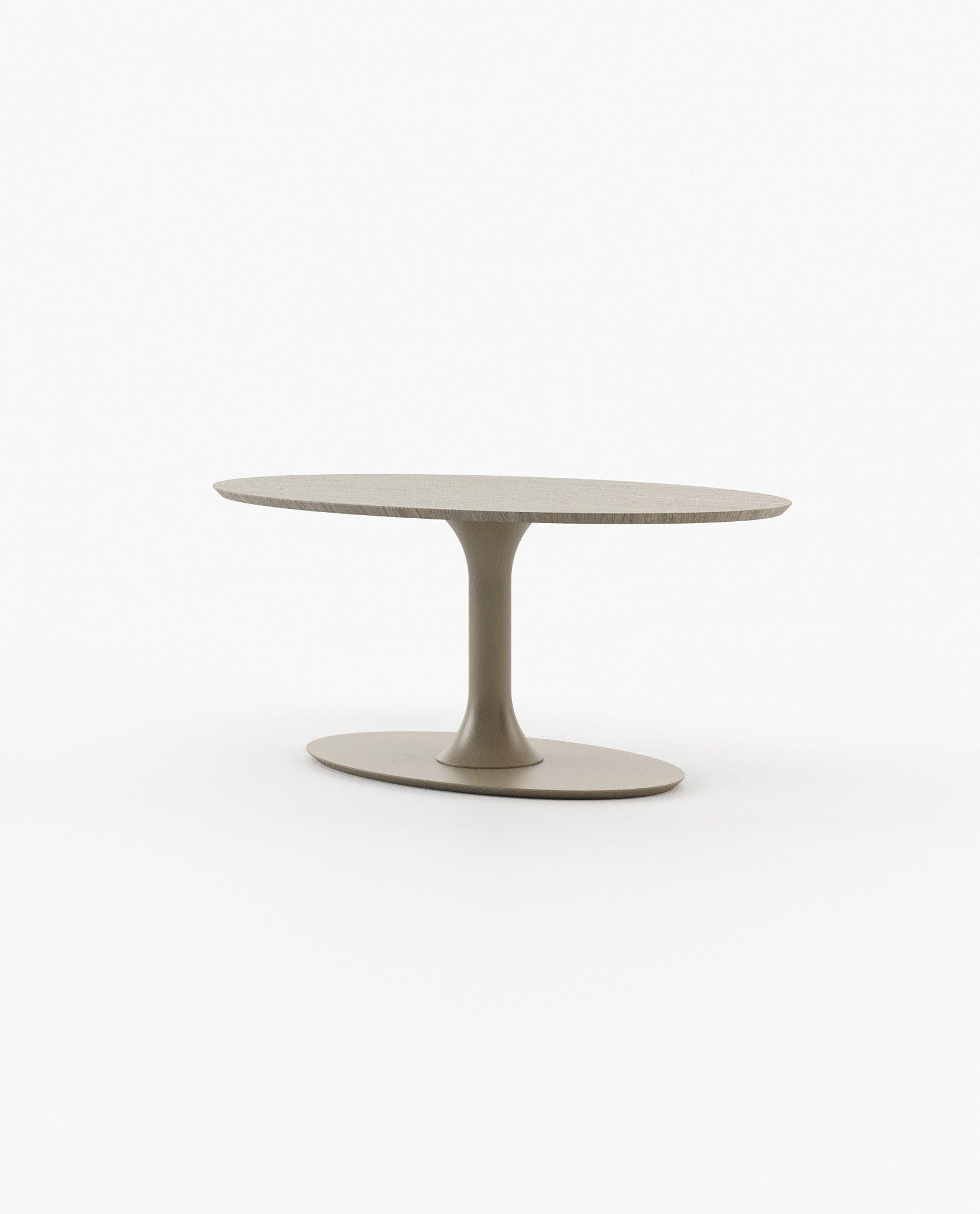Portuguese Minimalist Oval Dining Table with Aged Oak Top & Beige Grey Lacquered Base For Sale
