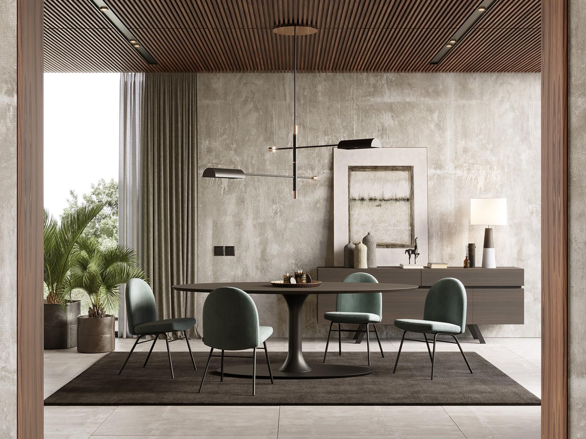 Minimalist Oval Dining Table with Aged Oak Top & Beige Grey Lacquered Base In New Condition For Sale In NEW YORK, NY