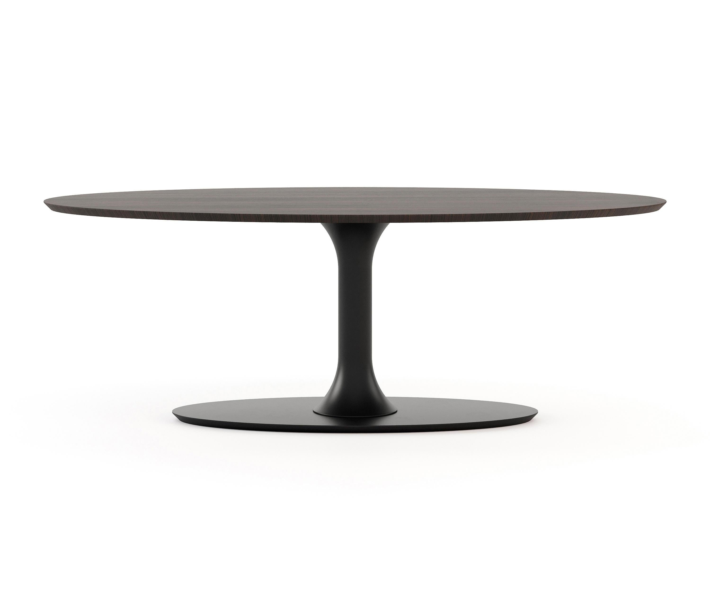 Minimalist Oval Dining Table with Aged Oak Top & Beige Grey Lacquered Base For Sale 1