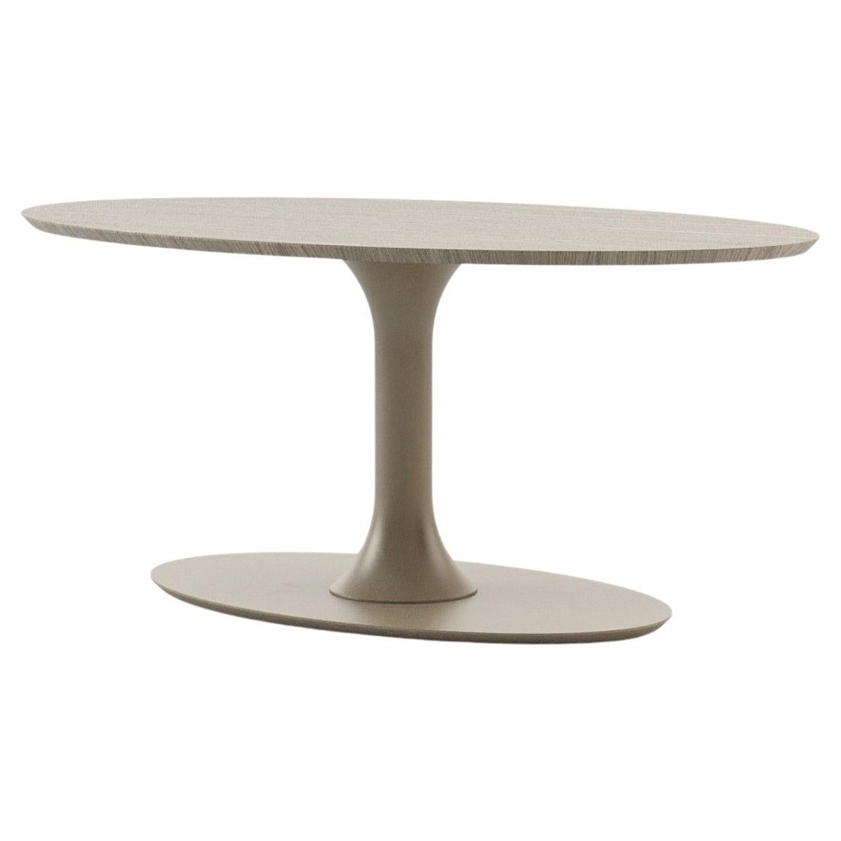 Minimalist Oval Dining Table with Aged Oak Top & Beige Grey Lacquered Base For Sale