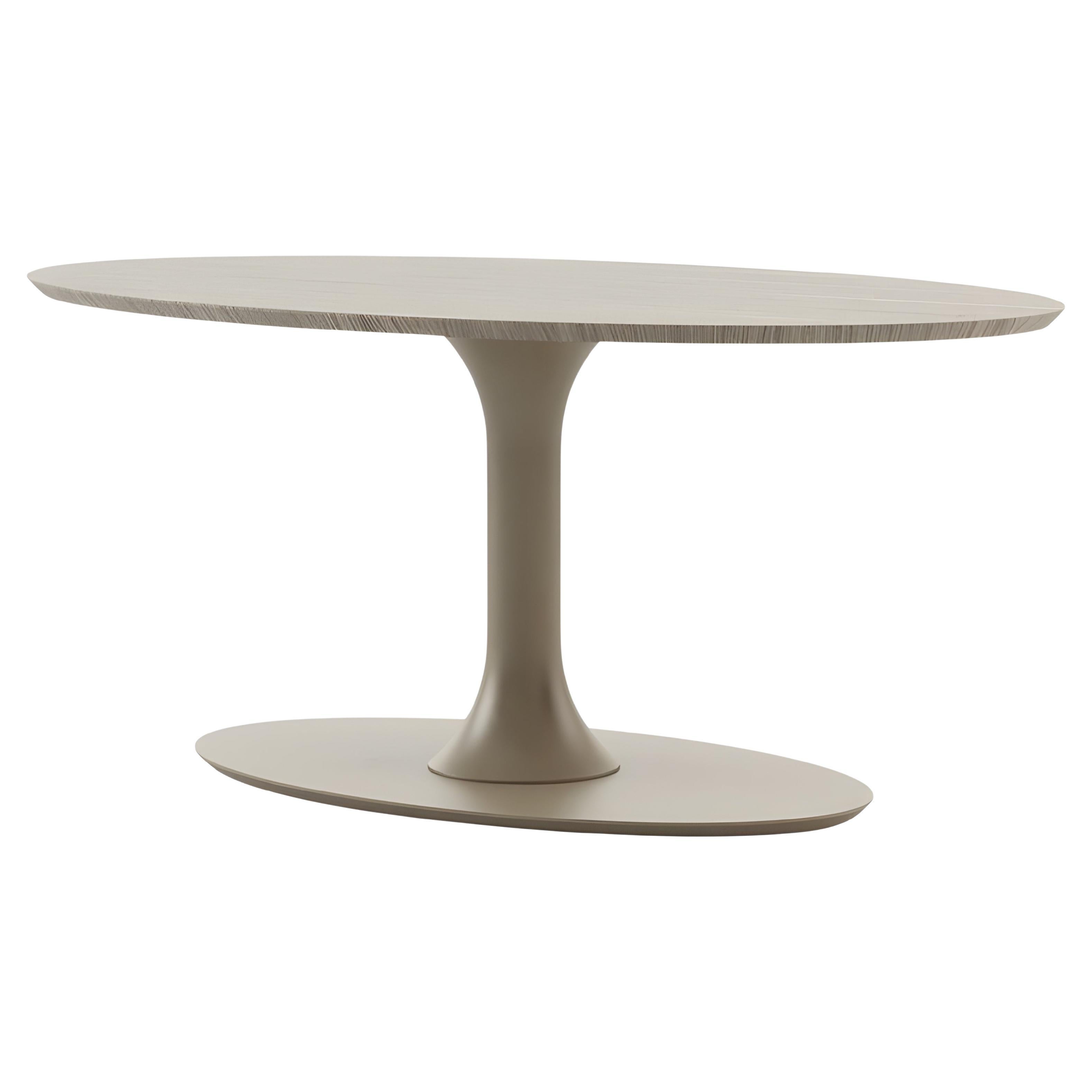 Minimalist Oval Dining Table with Aged Oak Top & Beige Grey Lacquered Base