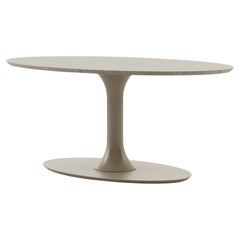 Minimalist Oval Dining Table with Aged Oak Top & Beige Grey Lacquered Base
