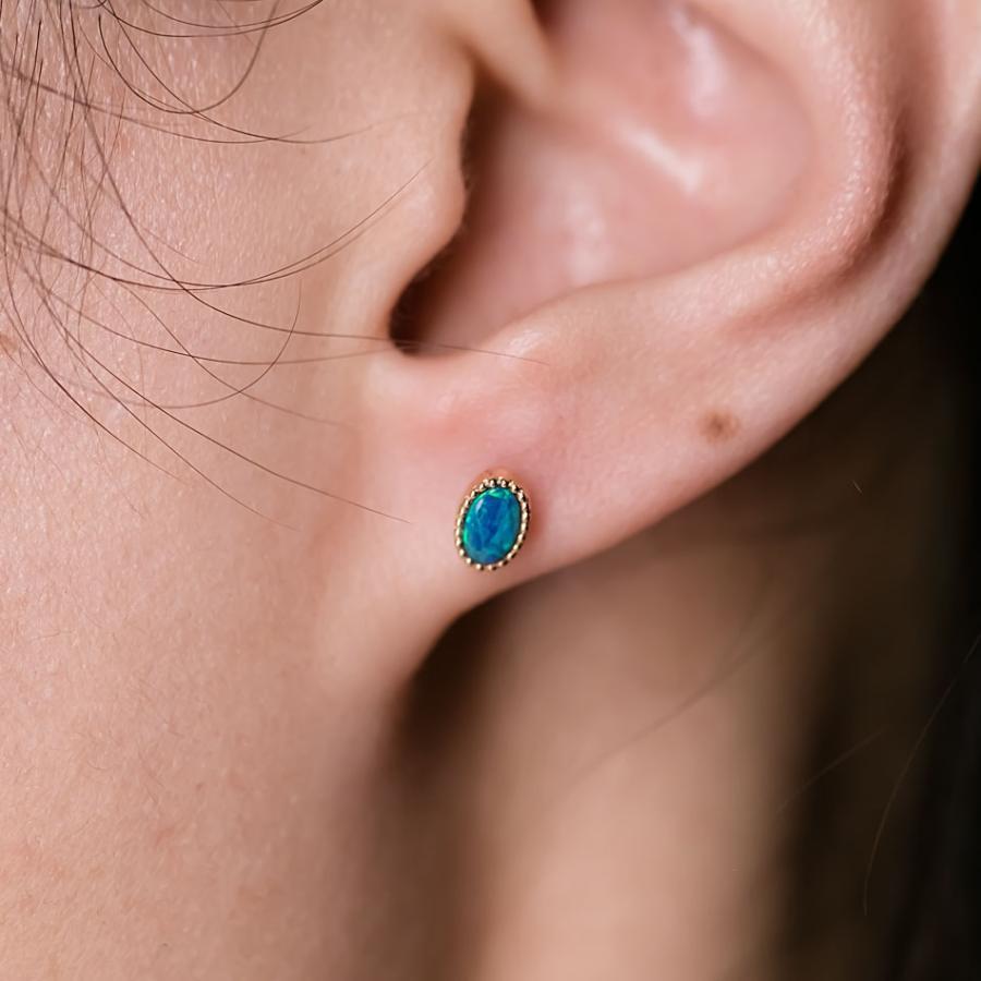 Arts and Crafts Minimalist Oval Doublet Opal Stud Earrings 18K Yellow Gold For Sale
