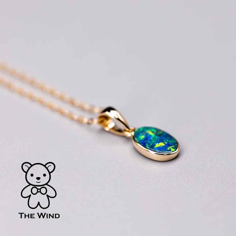 Arts and Crafts Minimalist Oval Natural Australian Doublet Opal Necklace 14k Yellow Gold For Sale