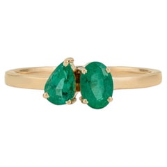 Minimalist Oval & Pear Natural Emerald Toi et Moi Ring in 14K Solid Yellow Gold