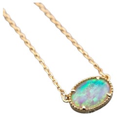 Minimalist Oval Shaped Australian Opal Necklace 18K Yellow Gold