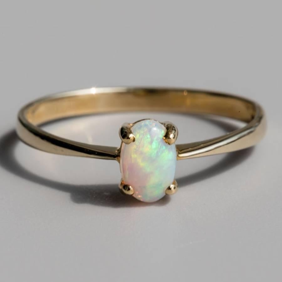 Artist Minimalist Oval Shaped Australian Solid Opal Ring 14K Yellow Gold For Sale