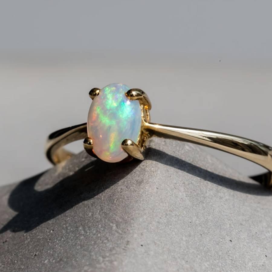 Minimalist Oval Shaped Australian Solid Opal Ring 14K Yellow Gold In New Condition For Sale In Suwanee, GA